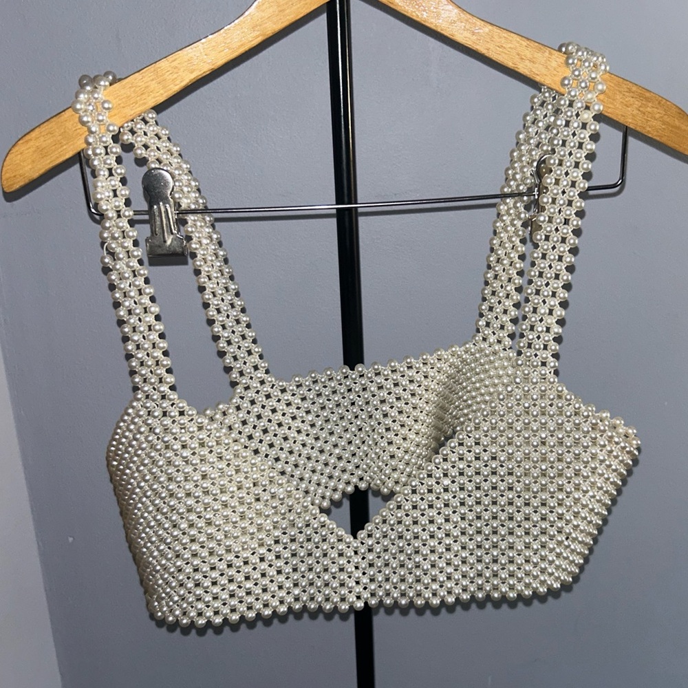 Forever 21 Pearl Embellished Tank Top - Cream